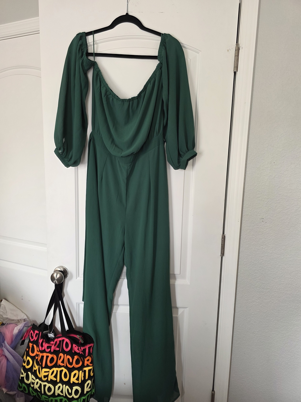 Fashion Nova Emerald Green Off-Shoulder Jumpsuit with Puff Sleeves